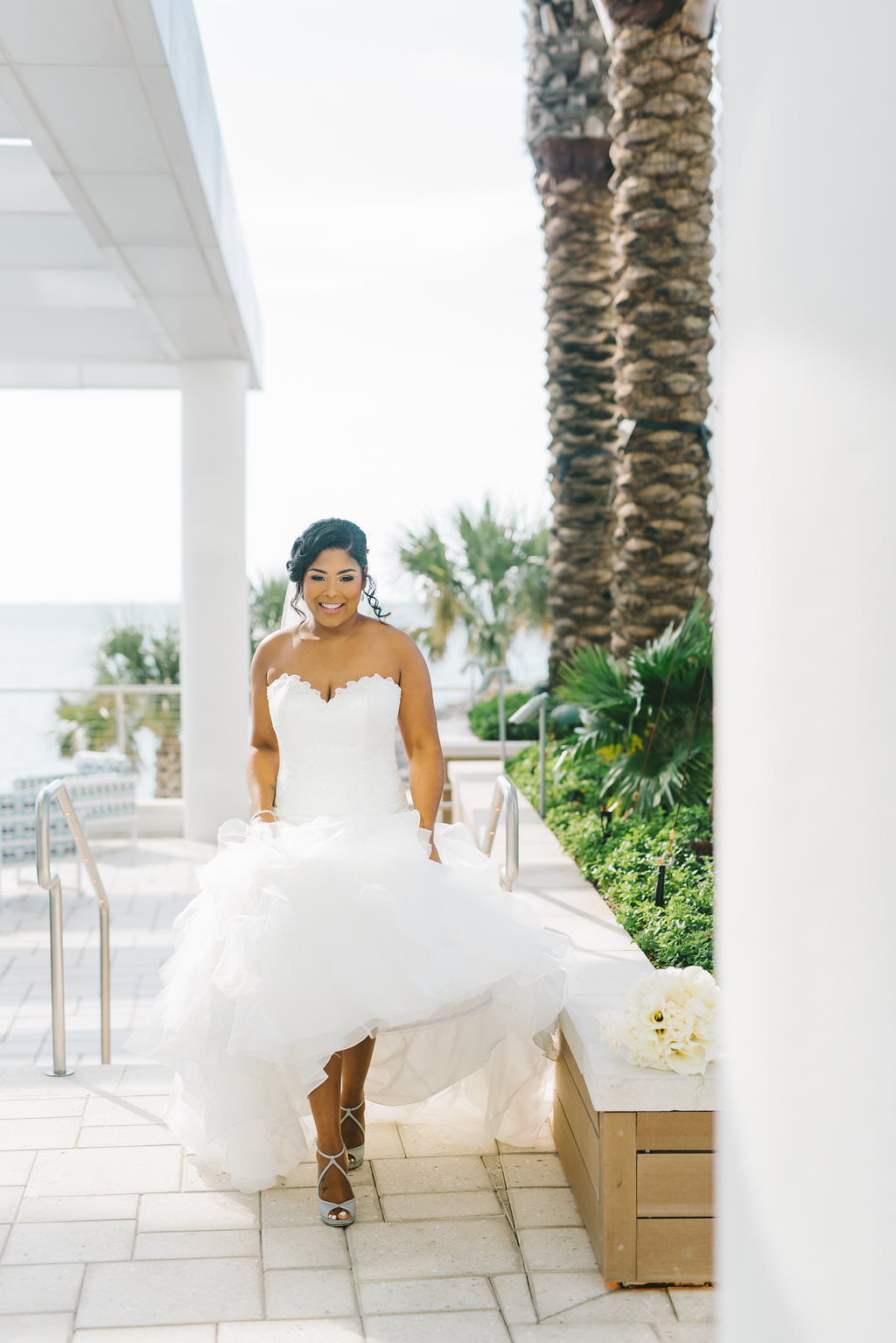 Outdoor Florida Bride Wedding Portrait, Sweetheart Strapless Beaded Mermaid and Tulle Wedding Dress and Glitter Silver Strappy Wedding Shoes | Tampa Bay Wedding Photographer Kera Photography