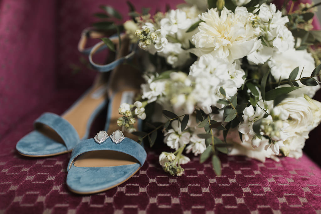 White Wedding Bouquet with Open Toed Blue Suede Shoes
