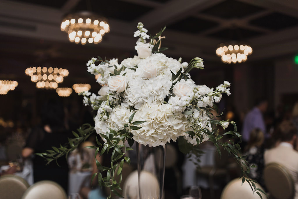Garden Inspired Wedding Reception Decor,White Hydrangeas, Ivory Roses, Greenery Bouquet Tall Centerpiece on Clear Class Cylinder Vase