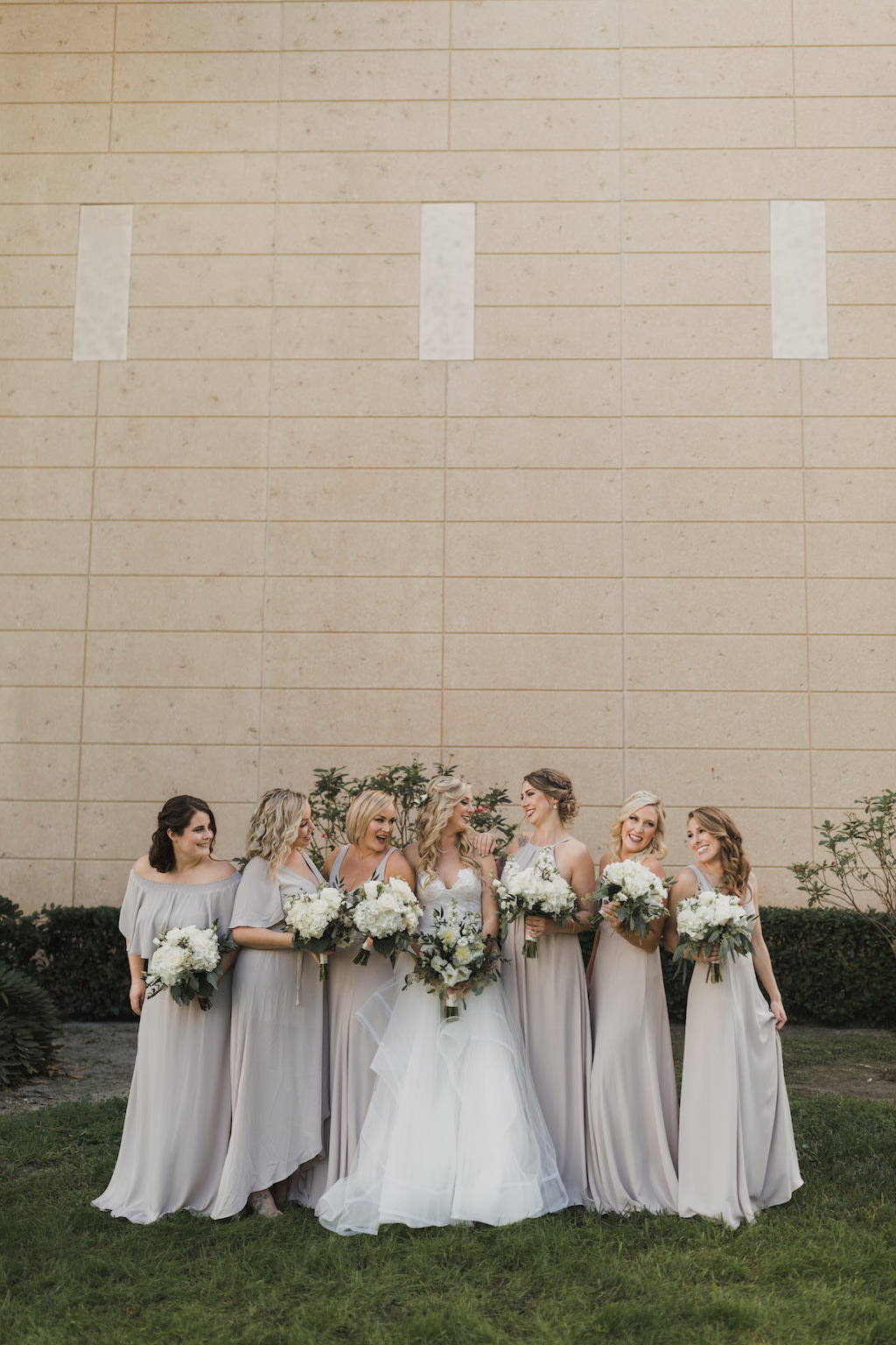 Florida Bride and Bridesmaids Wedding Portrait, Bride in Hayley Paige Chantelle Gown, Strapless Ivory Tulle Ball Gown with Corset Bodice, Bridesmaids in Beige Mismatched Style Long Dresses | Tampa Bay Wedding Hair and Makeup Artist Michele Renee the Studio