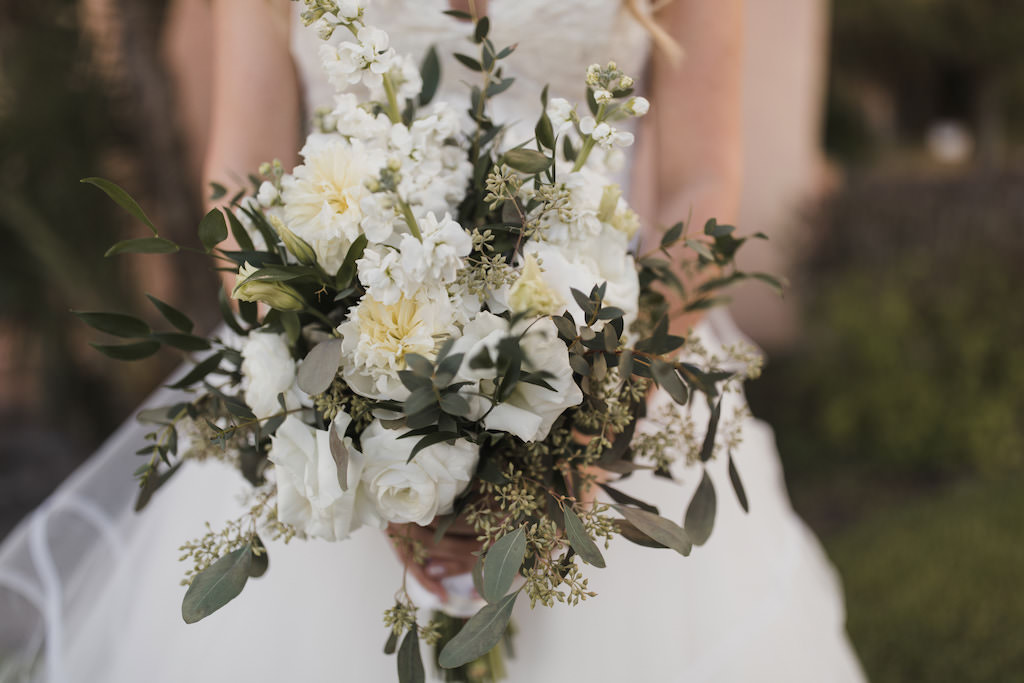 Florida Bride Wedding Portrait with Garden Inspired Floral Bouquet, White and Greenery Flowers