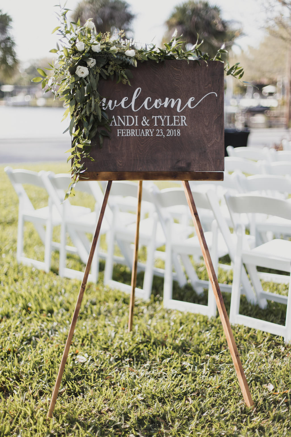 Garden Inspired Wedding Ceremony Decor, Wooden Welcome Sign with Greenery and White Floral Garland | St. Petersburg Woman’s Club