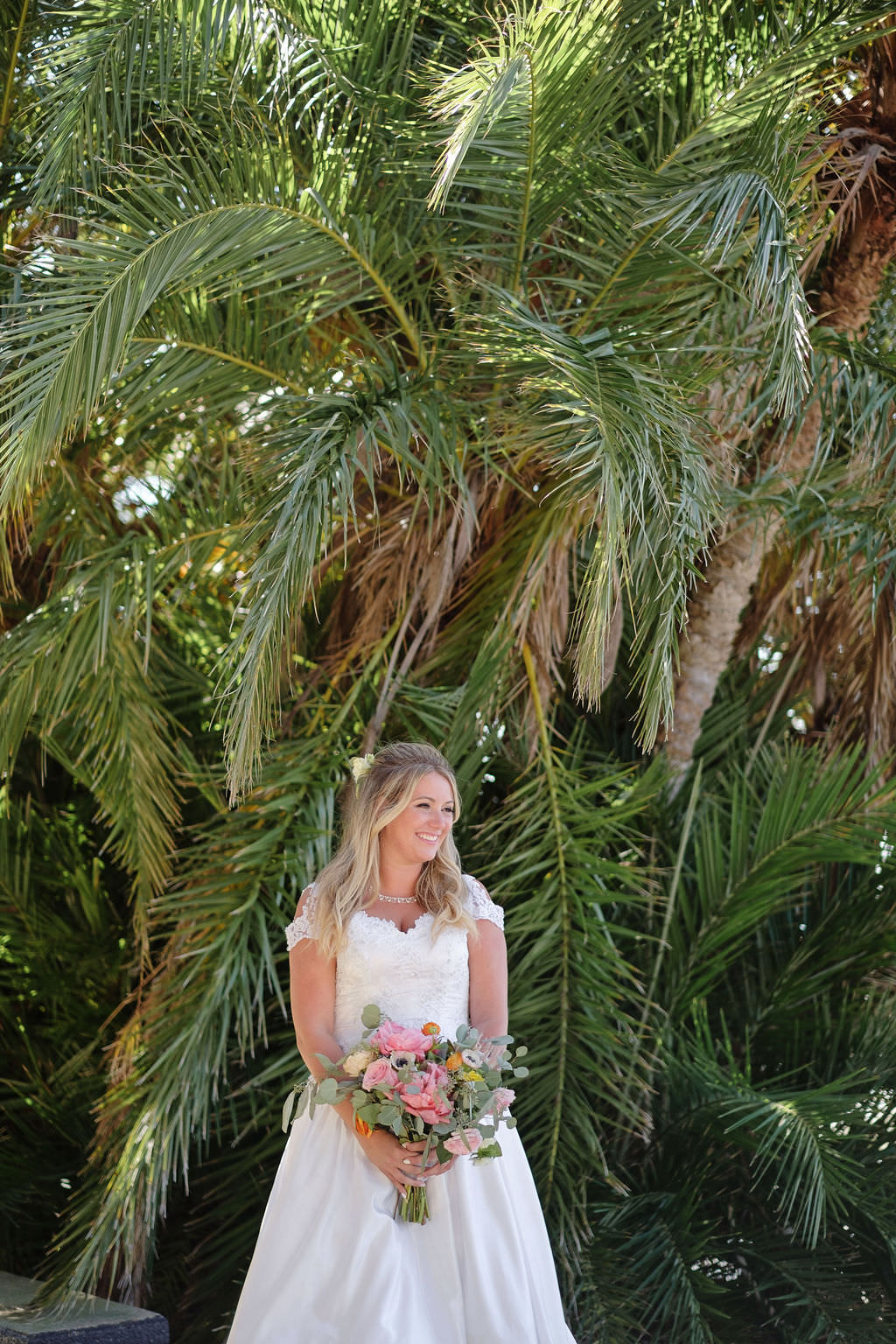 Florida Bride Outdoor Wedding Portrait, Bride in White Satin and Lace Sweetheart Neckline, Cap Sleeve Ballgown Wedding Dress with Bright Pink, Yellow, Ivory and Greenery Floral Bouquet | Tampa Bay Photographer Marc Edwards Photographs