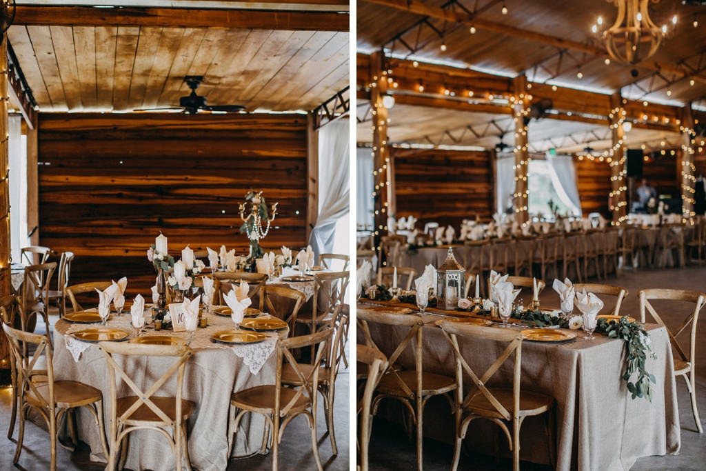 Florida Rustic Barn Inspired Wedding Reception Decor, Round Table with Tan Tablecloths, Gold Chargers, Wooden Chiavari Chairs, Wooden Candlesticks, Long Feasting Table, Greenery Garland | Lakeland Rustic Barn Wedding Venue Florida Rustic Barn Inspired Wedding Reception, Long Feasting Tables with Wooden Chiavari Chairs | Lakeland Rustic Barn Wedding Venue Florida Rustic Inspired Wedding Reception Decor, Metal White Wagon, Wooden Barrel Welcome Table with Pictures and Window Pane Seating Chart | Lakeland Rustic Barn Wedding Venue Florida Outdoor Rustic Inspired Bride and Groom Wedding Portrait | Lakeland Rustic Wedding Venue The Prairie Glenn Barn at Gable Oaks Ranch