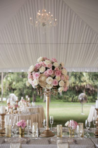 Florida Outdoor Tent Wedding Reception Decor, Tall Gold Candlestick with Blush Pink and White Floral Bouquet | Tampa Bay Wedding Photographer Cat Pennenga Photography | Wedding Planner NK Productions | Sarasota Wedding Venue Powel Crosley Estate