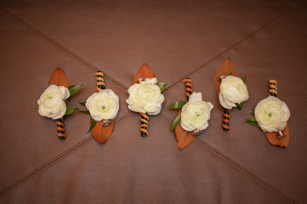 White Garden Rose Boutonnieres with Brown Leather Ribbon | Tampa Bay Wedding Photographer Lifelong Photography Studios