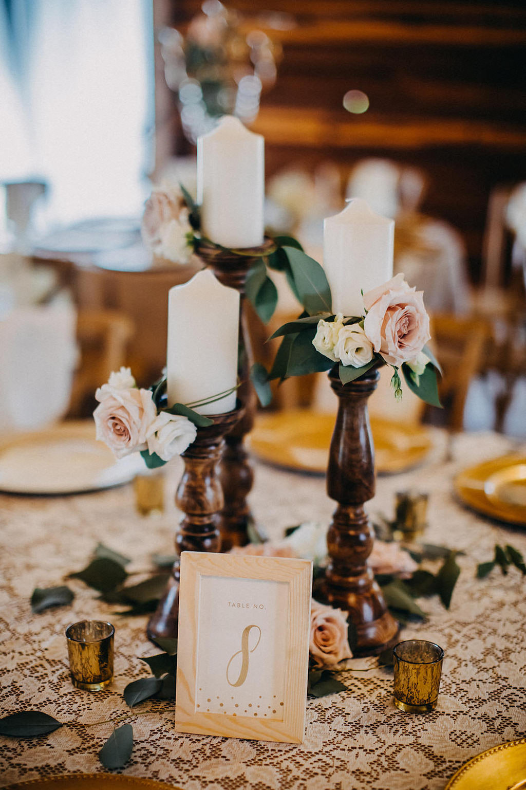 Florida Rustic Barn Wedding Reception Decor, Wooden Candlesticks, Ivory Roses and Wooden Frame Table Number