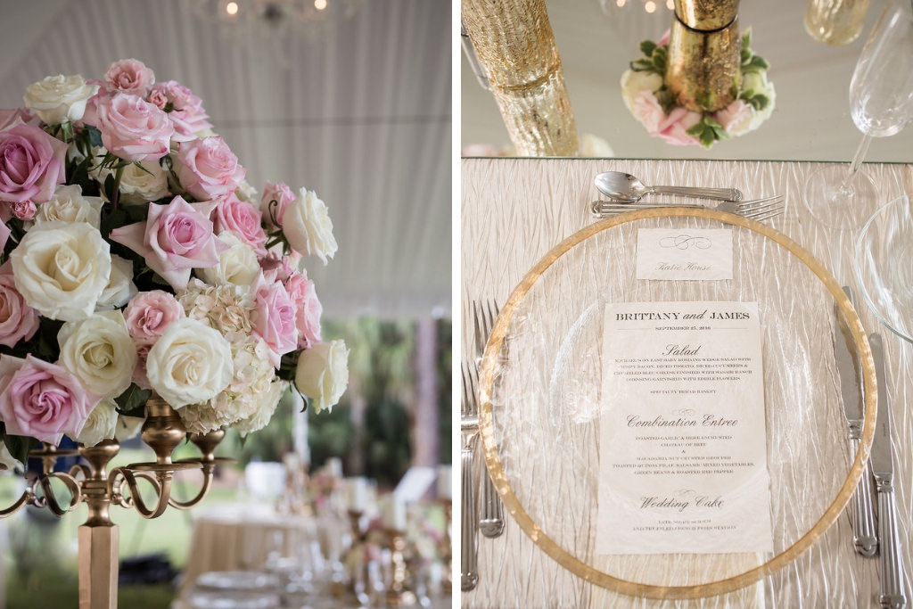 Tall Gold Candlestick with Blush Pink and White Floral Bouquet, Gold Rimmed and Clear Glass Charger with Menu | Tampa Bay Wedding Photographer Cat Pennenga Photography | Wedding Planner NK Productions