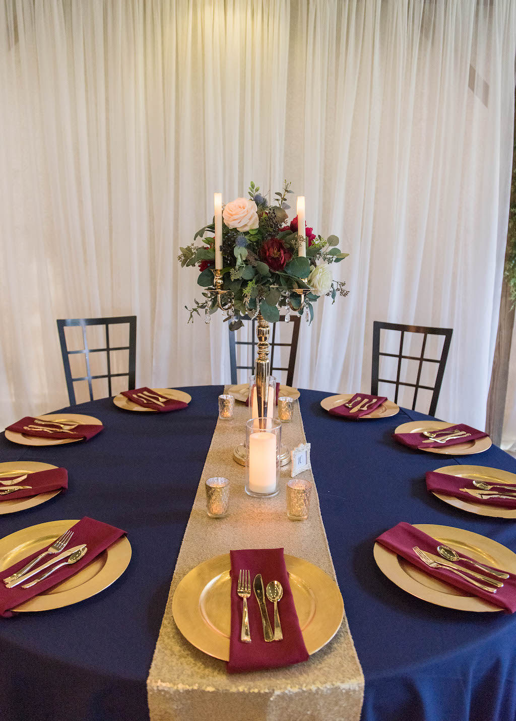 Rustic Wedding Reception Decor, Round Tables with Navy Blue Tablecloths