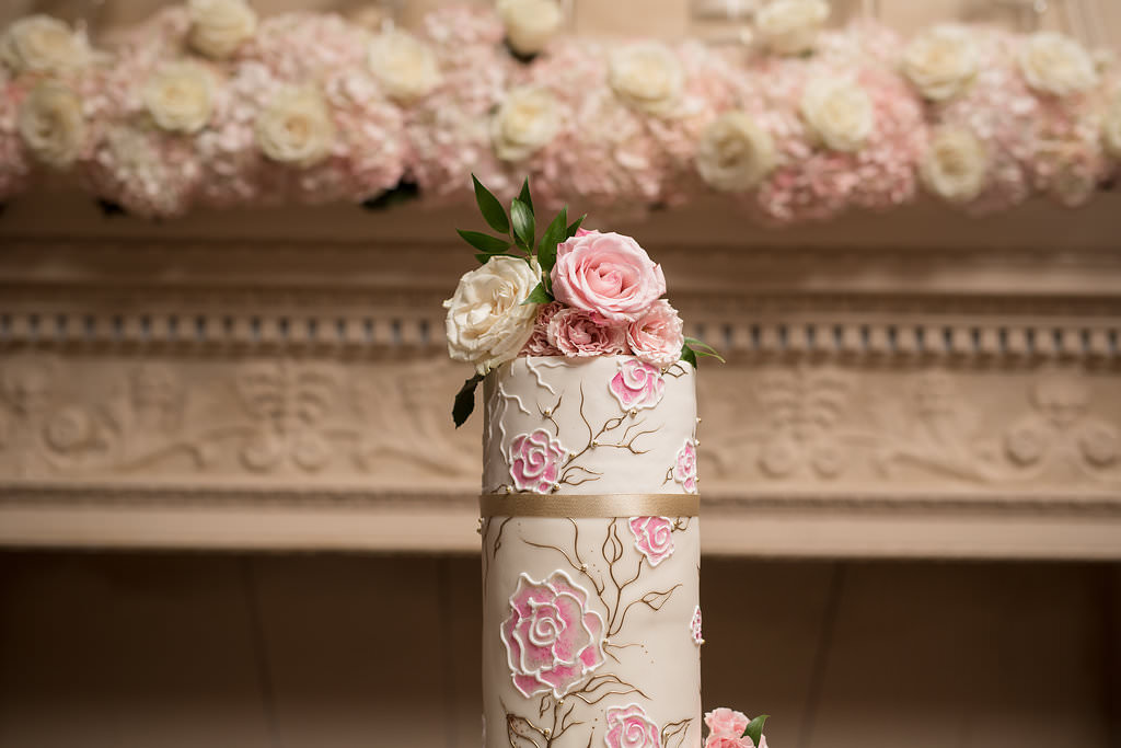 White Wedding Cake Top Tier with Painted Pink Roses and Painted Gold Ribbon with Real Blush Pink and White Roses Cake Topper | Tampa Bay Wedding Photographer Cat Pennenga Photography | Wedding Planner NK Productions