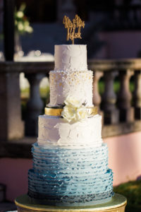 Five tier White, Blue Ombre Wedding Cake with Gold Accents and Real Ivory Rose Florals, Custom Gold Cake Topper | Tampa Bay Wedding Planner NK Weddings