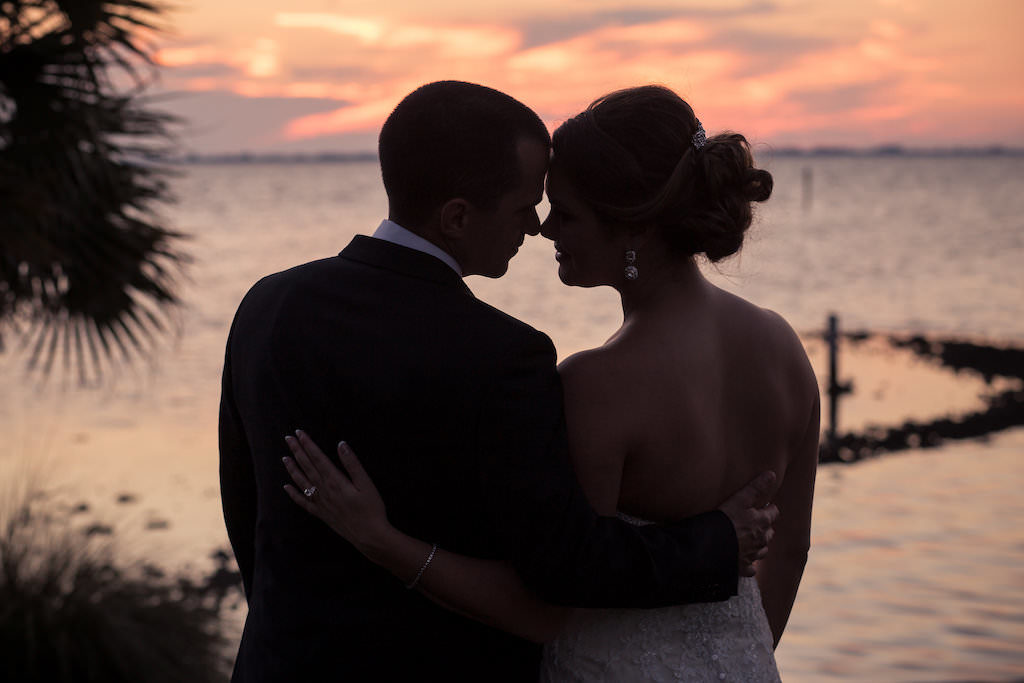 Florida Bride and Groom Outdoor Waterfront Sunset Wedding Portrait | Sarasota Wedding Photographer Cat Pennenga Photography | Planner NK Productions