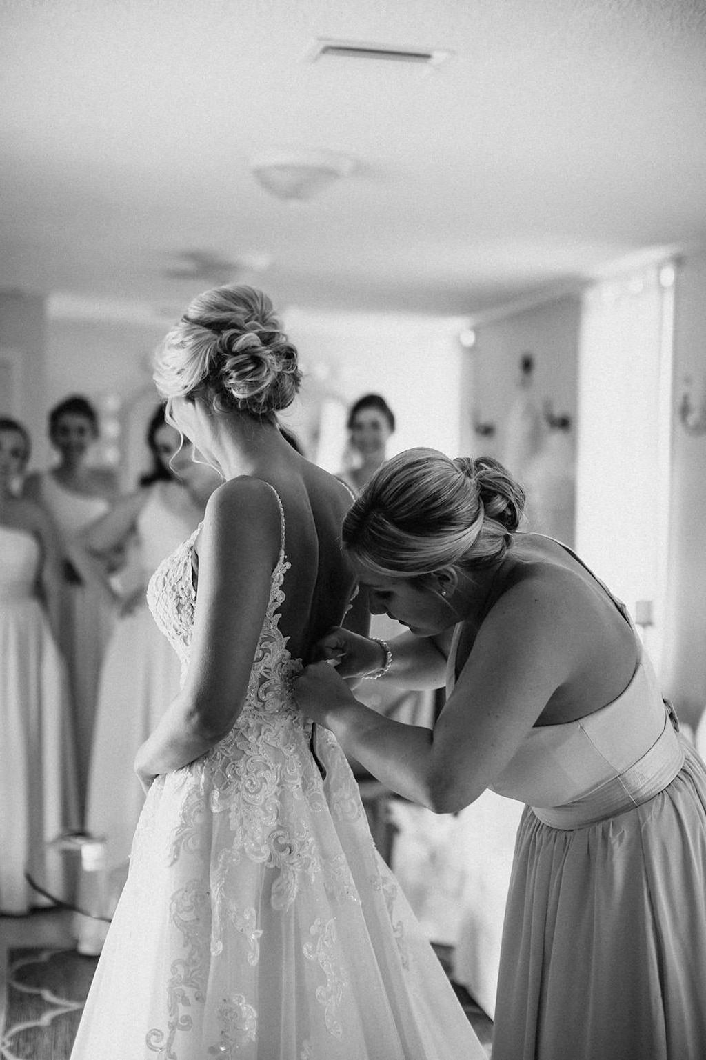 Florida Bride Getting Ready Wedding Portrait in Spaghetti Strap Lace A Line Wedding Dress