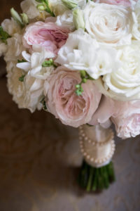 Blush Pink and White Floral WEdding Bouquet with Silk Ribbon and Pearl Sash | Tampa Bay Wedding Photographer Cat Pennenga Photography | Wedding Planner NK Productions