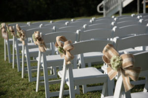 Outdoor Wedding Ceremony Decor White Wooden Folding Chairs with Burlap Bows