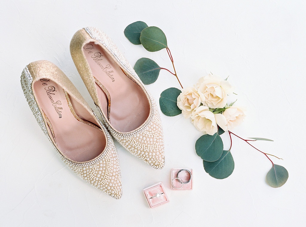 Ivory, Nude Pearl Embellished Pointed Toe Wedding Shoes, Ivory Roses and Silver Dollar Leaves, Engagement Ring and Wedding Rings in Blush Pink Velvet Ring Box | Tampa Bay Wedding Florist Cotton & Magnolia