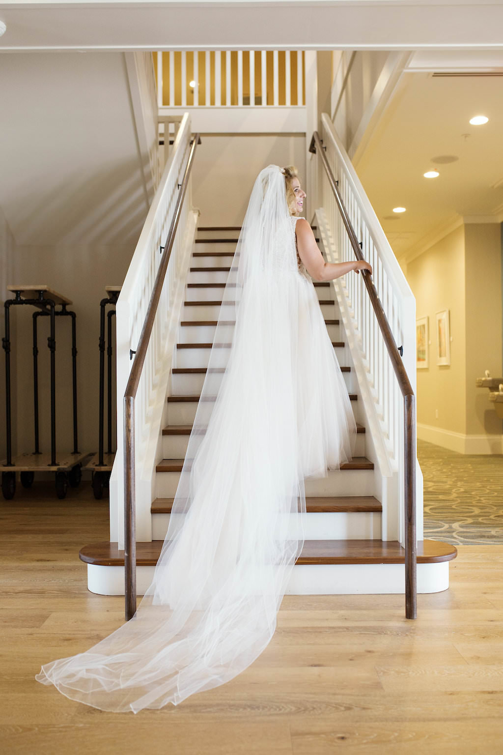 Florida Bride Wedding Portrait on Staircase in Cathedral Length Veil | Tampa Bay Bridal Boutique Truly Forever Bridal