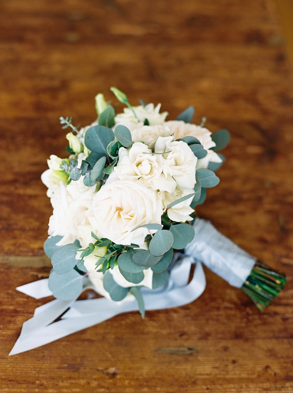 Ivory, White Garden Roses and Silver Dollar Eucalyptus Floral Wedding Bouquet with Silk Dusty Blue Ribbon | Tampa Bay Wedding Florist Cotton & Magnolia