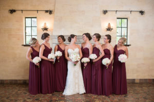 Florida Bride and Bridesmaids, Bride in Sweetheart, Strapless Stella York Lace Fit and Flare Stella York Wedding Dress, Bridesmaids in Burgundy Wine Mismatched Style Dresses | Tampa Bay Wedding Photographer Cat Pennenga Photography
