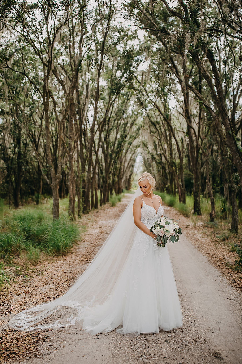 Florida Outdoor Rustic Bride Wedding Portrait, Bride in Spaghetti Strap V Neck Lace A line Wedding Dress with Greenery and White Floral Bouquet
