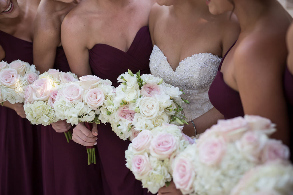 Florida Bride and Bridesmaids with Blush Pink and White Floral Bouquets | Tampa Bay Wedding Photographer Cat Pennenga Photography | Wedding Planner NK Productions