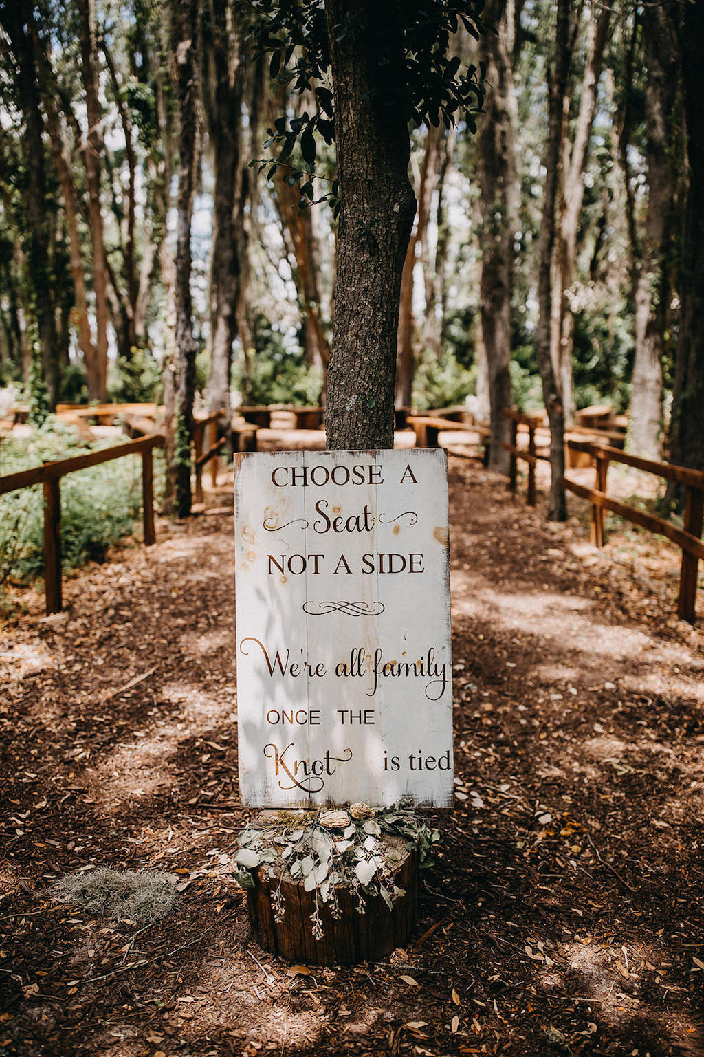 Florida Outdoor Rustic Wedding Ceremony Wedding Welcome Sign on White Wooden Plank