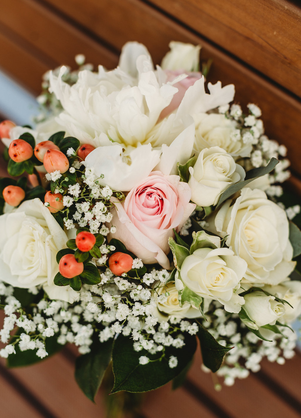 Simple White and Blush Pink Roses, Baby's Breathe and Berries Wedding Floral Bouquet
