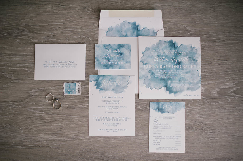 Blue watercolor wedding invitation suite | Tampa Bay custom stationery designer URBANcoast