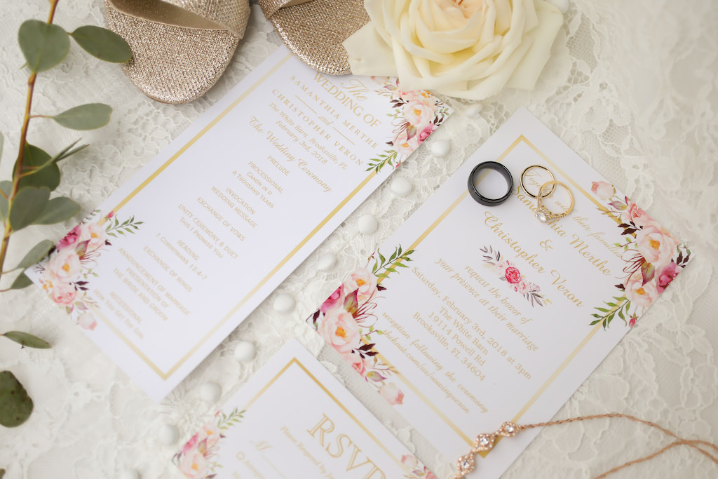 Floral White, Pink and Gold Wedding Invitation Suite, Round Diamond and Yellow Gold Wedding Ring, Black Groom Wedding Ring | Tampa Bay Wedding Photographer Lifelong Photography Studios