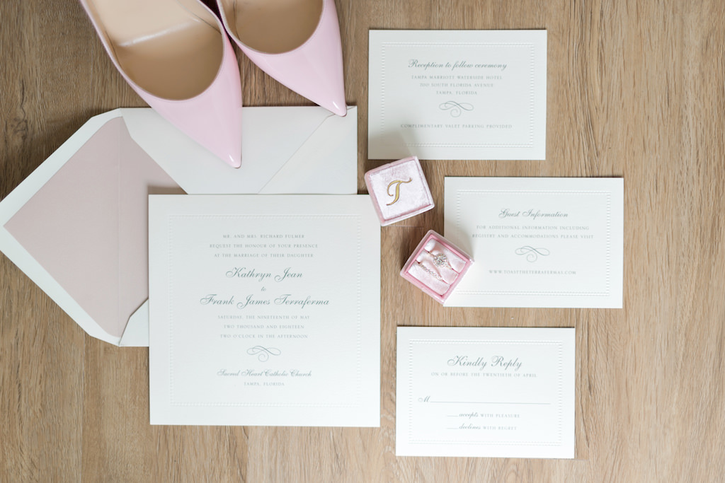 Modern White Wedding Invitation Suite, Blush Pink Velvet Ring Box, Blush Pink Pointed Toe Wedding Shoes