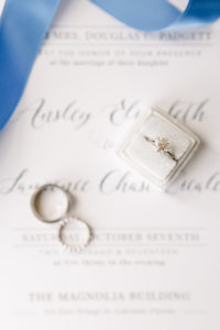Round Diamond Engagement Ring in Grey Velvet Ring Box on Wedding Invitation