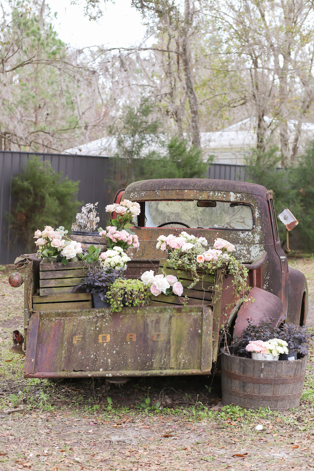 Rustic Wedding, Old Ford Rusted Truck Decorated with Blush Pink and Ivory Floral Bouquets | Tampa Bay Wedding Photographer Lifelong Photography Studios