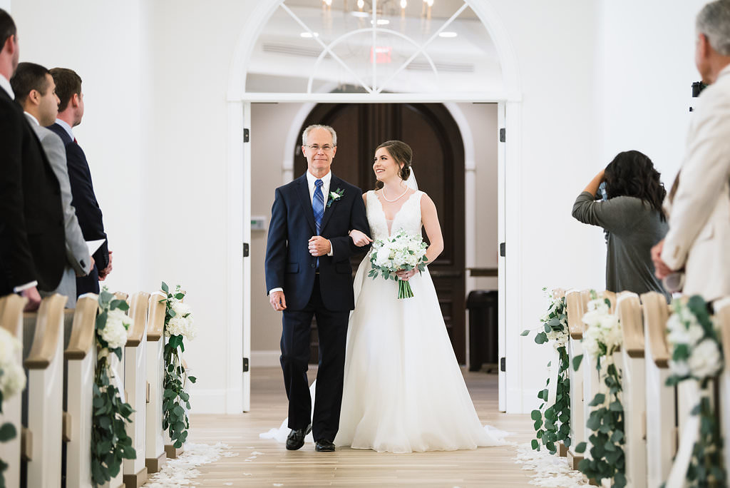 Florida Bride and Father of the Bride Walking Down the Aisle at Wedding Ceremony | Clearwater Beach Ceremony Wedding Venue Harborside Chapel