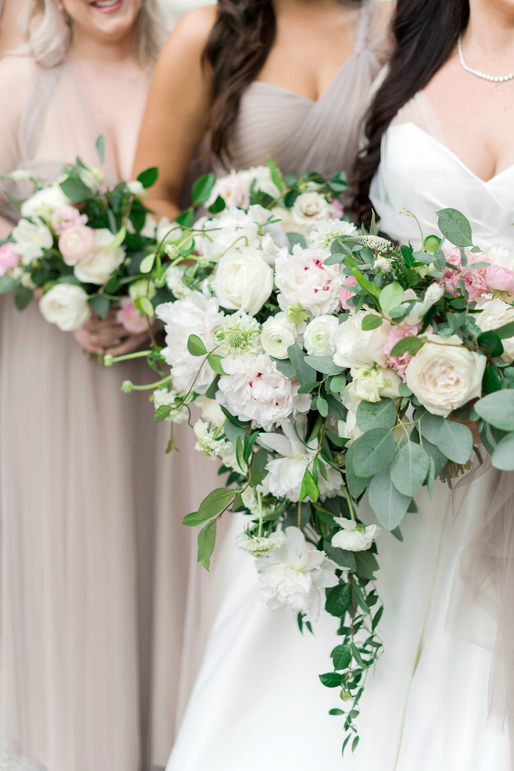 Florida Bride and Bridesmaids Wedding Portrait, Bridesmaids in Mismatched Style Jenny Yoo Long Taupe Dresses with Organic Ivory, Blush Pink and Greenery Floral Bouquets