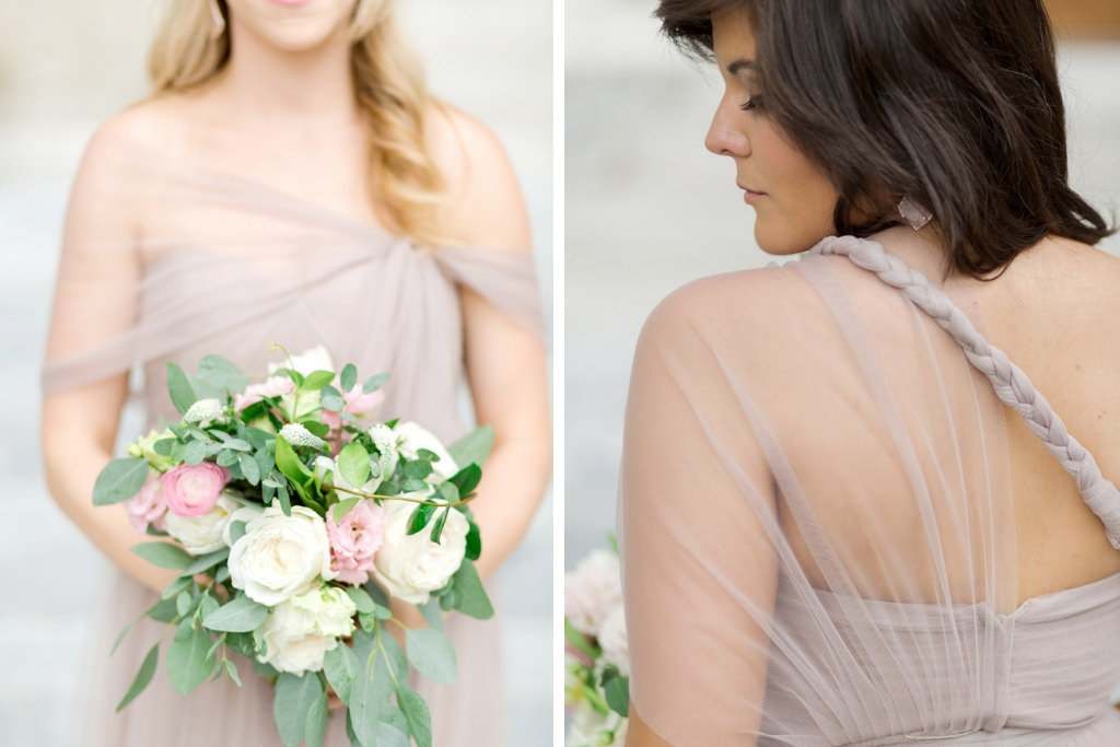 Tampa Bay Bridesmaids Portrait in Taupe Dresses with Organic Ivory, Blush Pink and Greenery Floral Bouquets