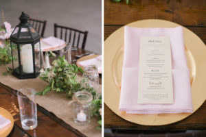 Rustic Wedding Reception Decor, Long Wooden Table with Black Lantern, Greenery Garland Centerpiece, Burlap Table Runner, Gold Charger, Blush Pink Linen, and Menu