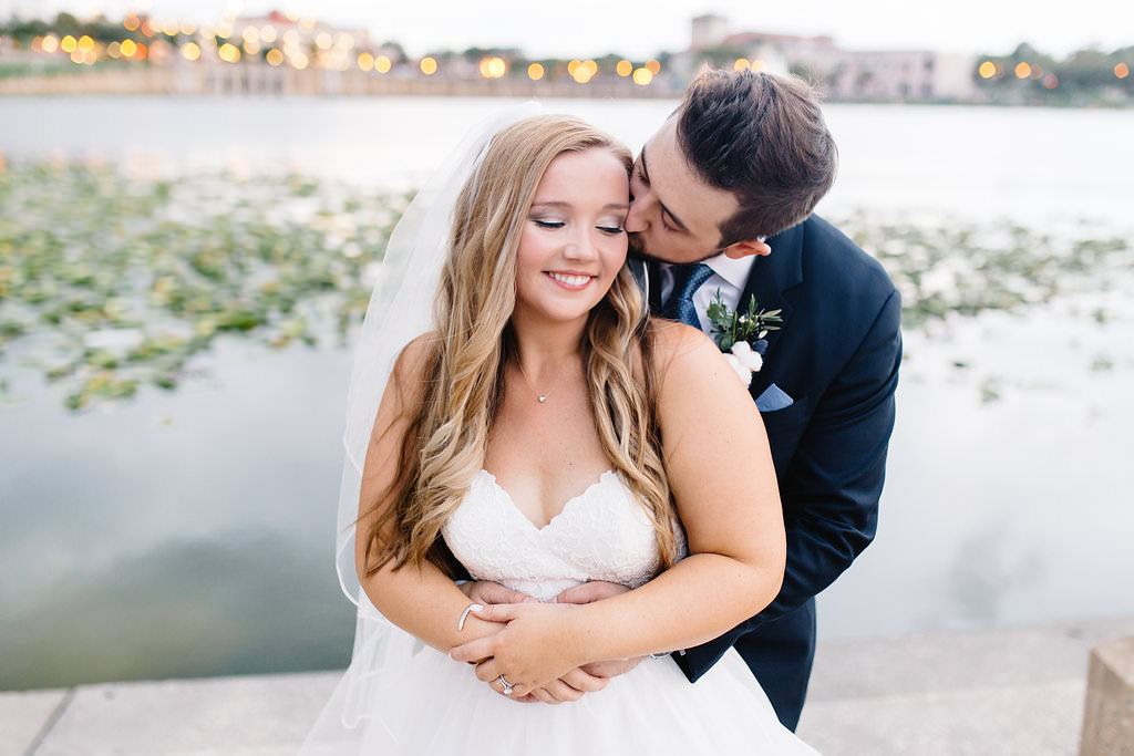 Tampa Bay Outdoor Lakefront Bride and Groom Wedding Portrait | Lakeland Wedding Venue Lake Mirror Amphitheater | Planner Love Lee Lane