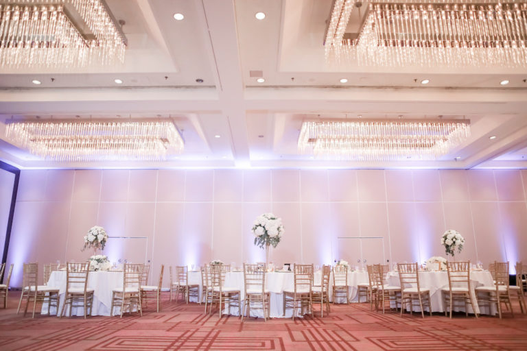 Wedding Hotel Ballroom with Chandeliers Round Tables with
