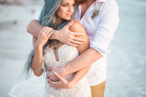 Florida Beachfront Wedding Styled Shoot, Bride and Groom, Bride in Nude Sweetheart Neckline Pearl Embellished Fitted Wedding Dress, Wedding Portrait | Tampa Wedding Venue Fort DeSoto Park