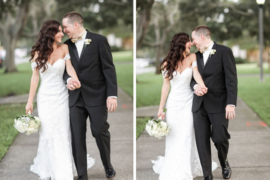 St. Pete Bride and Groom Outdoor Wedding Portrait, Bride in Fitted Lace Sweetheart Neckline Off the Shoulder Wedding Dress, Groom in Black Tuxedo with Gold Bowtie | Tampa Bay Wedding Photographer Lifelong Photography Studio | Hair and Makeup Artist Destiny and Light