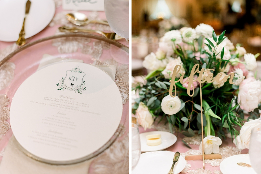 Tampa Bay Wedding Reception Decor, Clear Glass Charger with Round Wedding Menu, Gold Laser Cut Table Number Sign, Greenery, Ivory and Blush Pink Floral Bouquet Centerpiece | Wedding Rental Company Over the Top Rental Linens