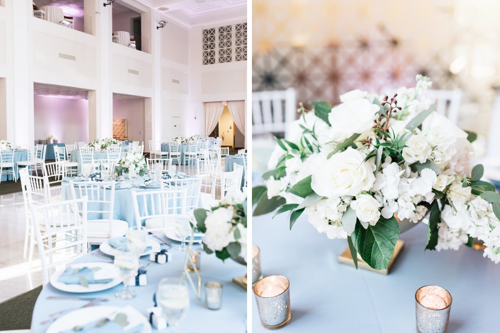 Elegant, Classic White and Dusty Blue Wedding Reception Decor with Round Tables, Dusty Blue Tablecloths, White Chiavari Chairs and Low White Roses, Hydrangeas and Greenery Floral Centerpieces | Downtown Tampa Wedding Venue The Vault