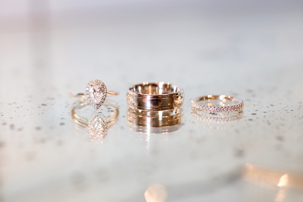 Pear Shaped Diamond Halo Engagement Ring with Yellow Gold Band, Yellow Gold Groom Ring, Diamond Encrusted Bride Wedding Ring | Tampa Bay Wedding Photographer Lifelong Photography Studio