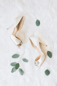 Badgley Mischka Peep Toe Satin Ivory Heel Wedding Shoes with Rhinestone Brooch Accent
