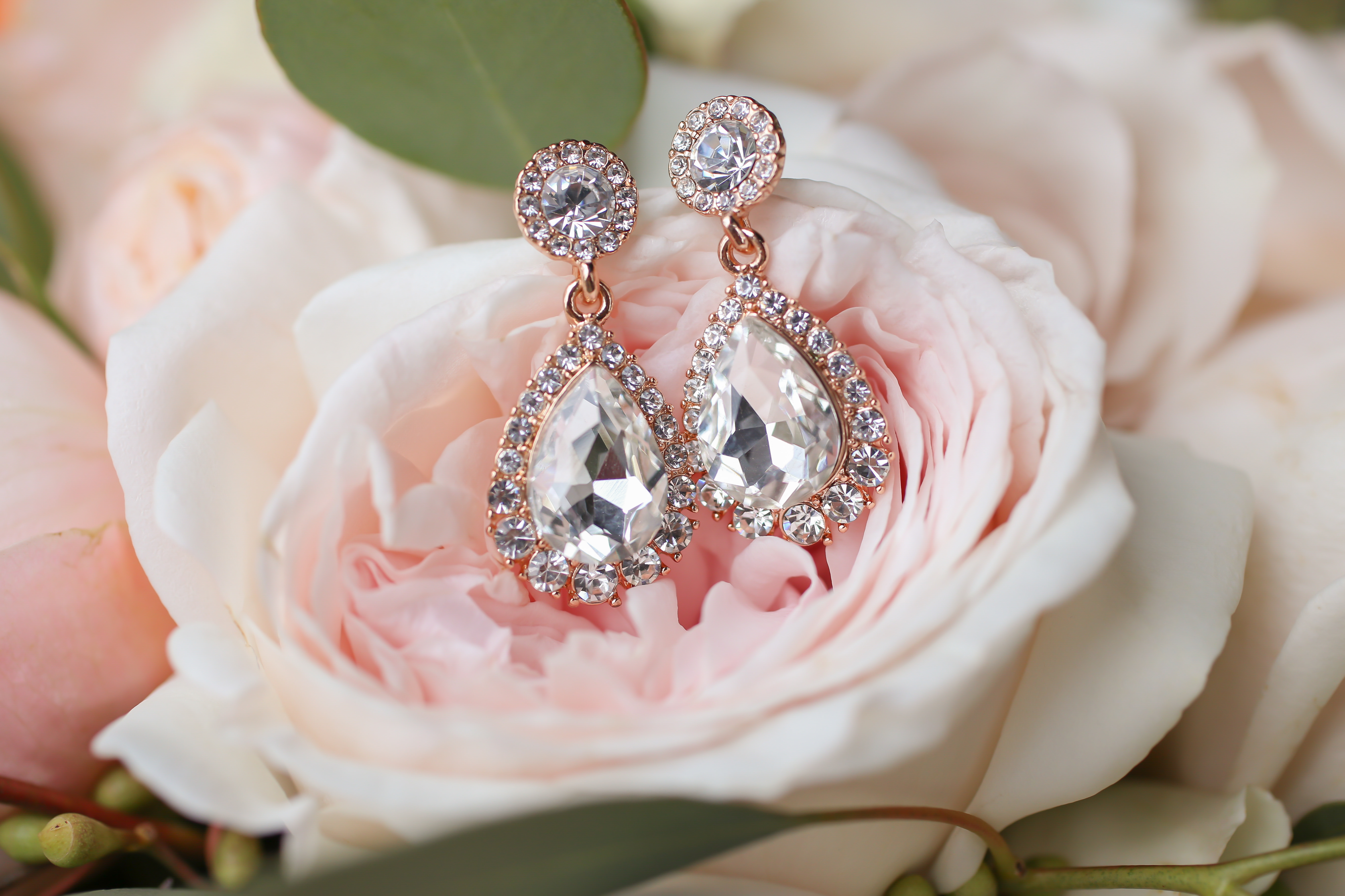 Diamond and Rose Gold Teardrop Wedding Earrings on Blush Pink Rose | Tampa Bay Wedding Photographer Lifelong Photography Studios
