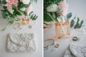 Wedding Accessories Portrait, Pearl Embellished Clutch Purse, Coco Chanel Perfume and Wedding Jewelry