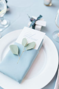 Elegant, Classic Wedding Reception Decor, Dusty Blue Linen with Silver Dollar Eucalyptus and White Menu
