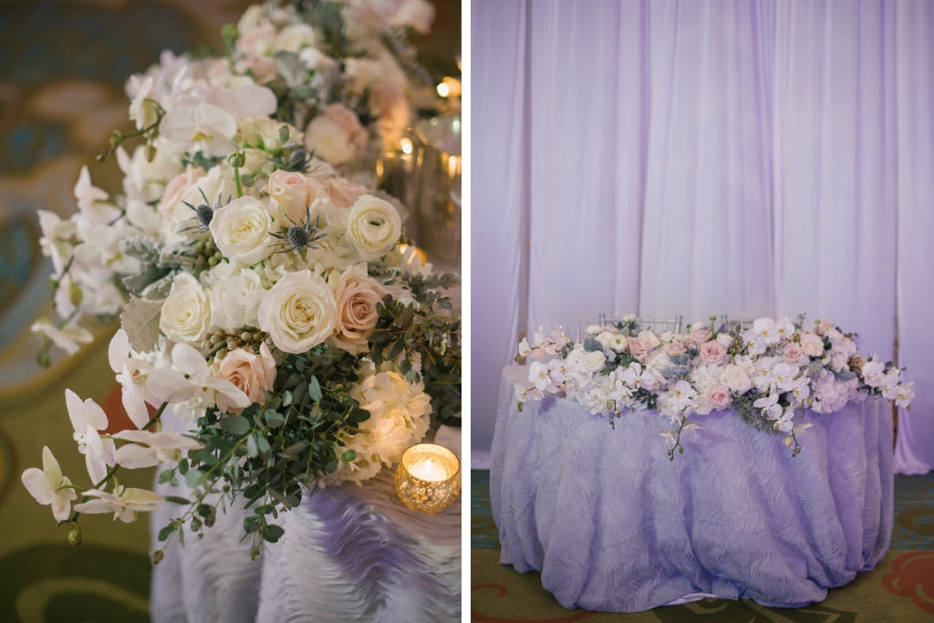 White, purple, and blush pink wedding reception sweetheart table decor | Tampa Bay Rentals Over The Top Rental Linens