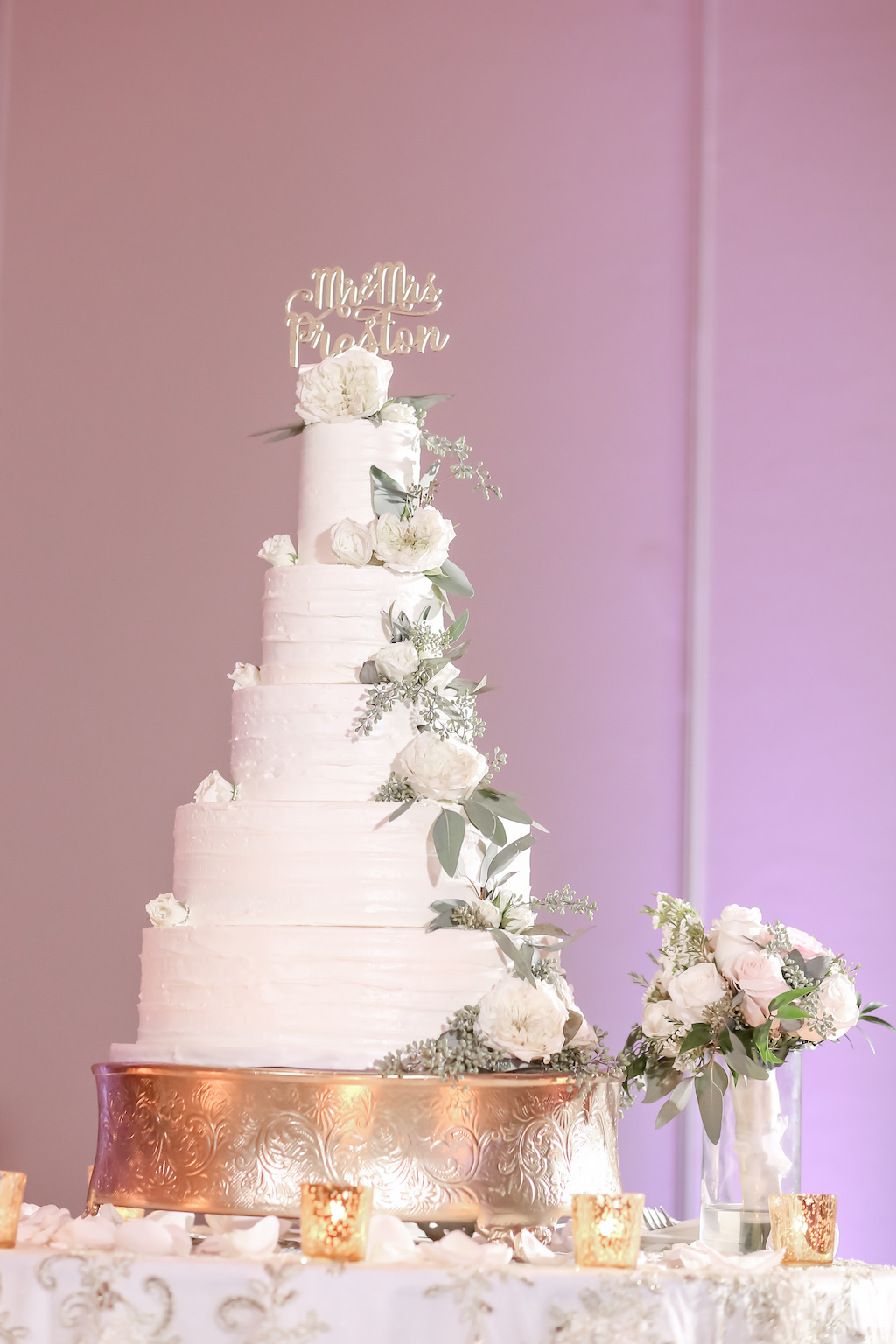 Five Tier White Wedding Cake with Cascading Ivory and Greenery Real Florals and Laser Cut Custom Cake Topper on Gold Cake Stand | Tampa Bay Wedding Photographer Lifelong Photography Studio