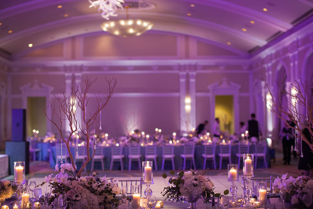 Elegant Purple and white ballroom wedding reception with uplighting and chihuly chandelier | downtown St. Pete Historic Hotel Venue Vinoy Renaissance | Tampa Bay Planner Parties a la Carte